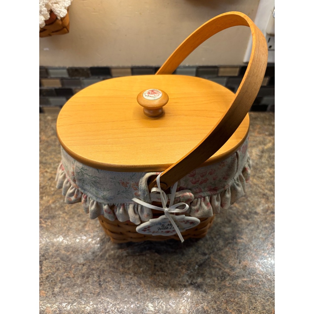 Longaberger 2001 Handwoven Basket with Lid Floral Liner and To Mom With Love Tag